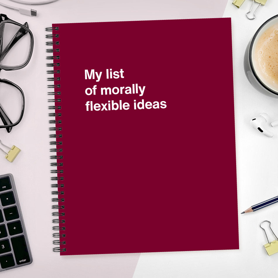 
                  
                    A funny notebook from WTF Notebooks® entitled "My list of morally flexible ideas"
                  
                