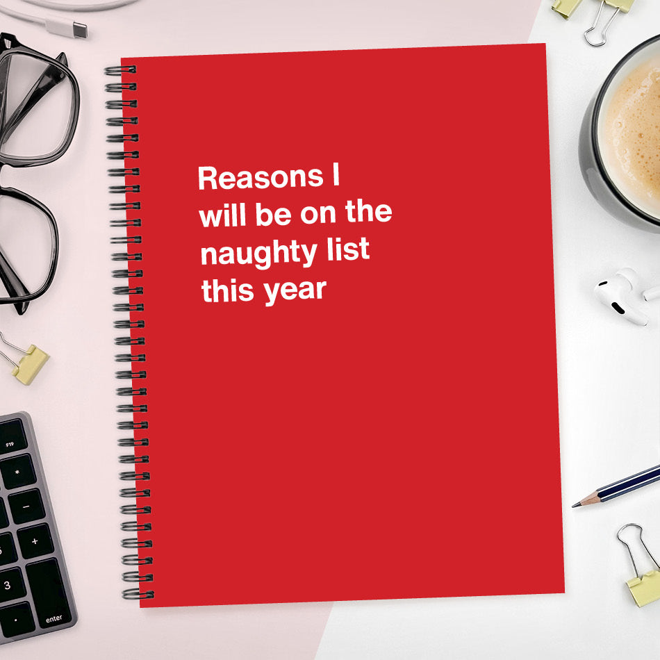 
                  
                    A funny notebook from WTF Notebooks® entitled "Reasons I will be on the naughty list this year"
                  
                