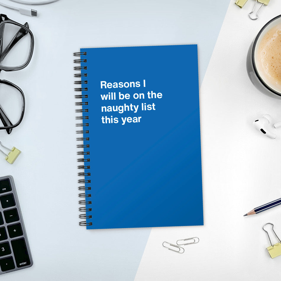 
                  
                    A funny notebook from WTF Notebooks® entitled "Reasons I will be on the naughty list this year"
                  
                