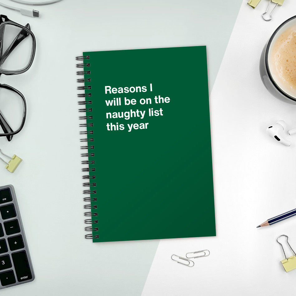 
                  
                    A funny notebook from WTF Notebooks® entitled "Reasons I will be on the naughty list this year"
                  
                