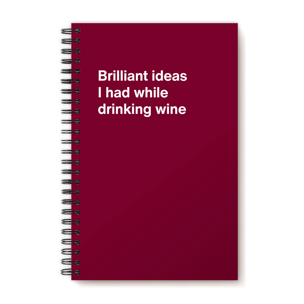 A funny notebook from WTF Notebooks® entitled "Brilliant ideas I had while drinking wine"